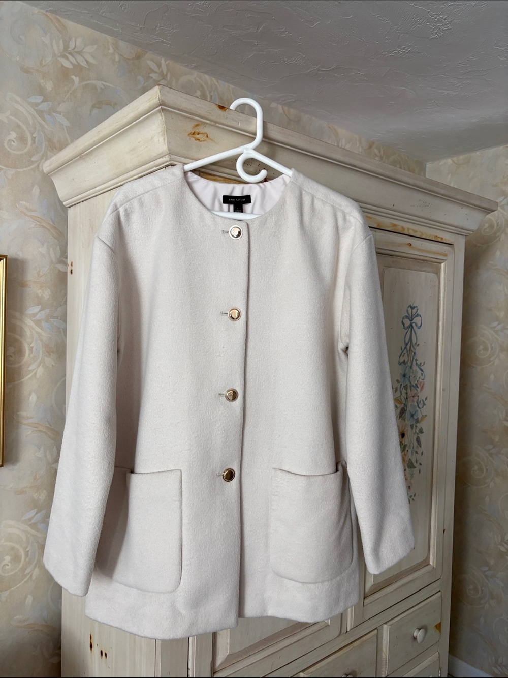 Ann Taylor Classic Wool Blend Cream Long Jacket, Peacoat Length with Gold Button